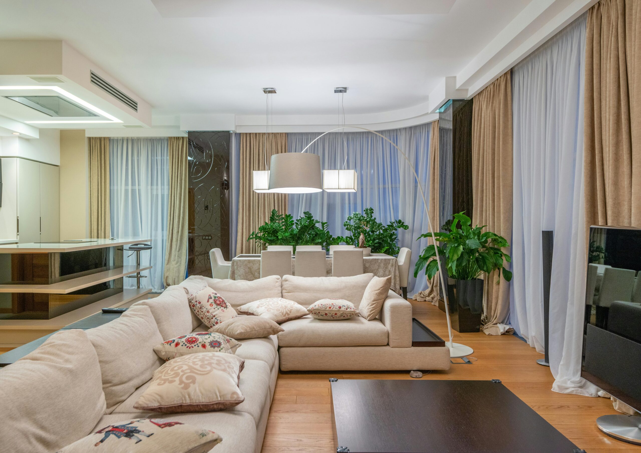 Spacious interior featuring luxury decor with plush sofa, stylish lighting, and indoor plants.